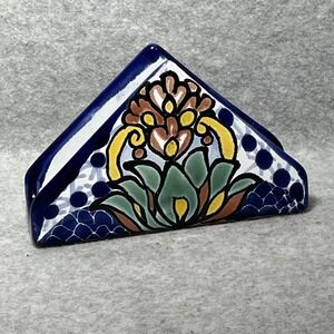 Hand Painted Talavera Pottery Napkin Holder Mexican Floral Blue Yellow Lead Free